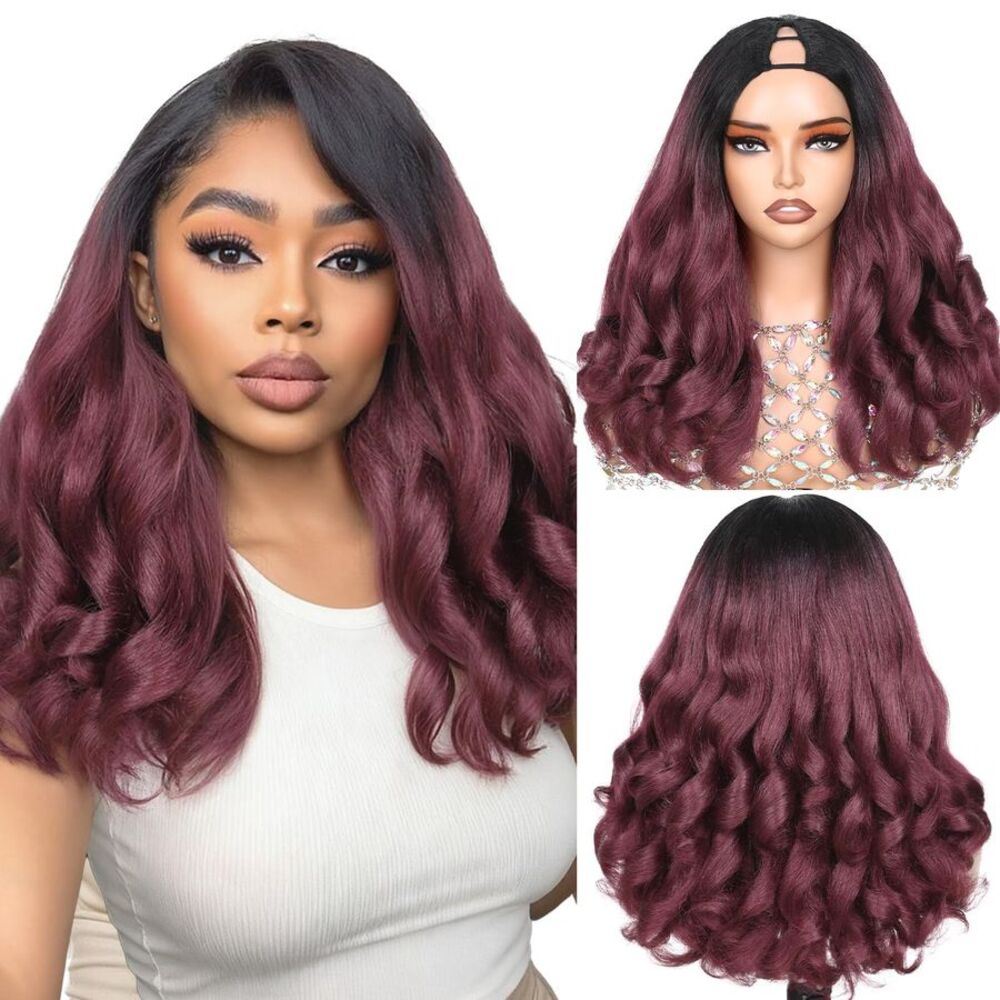 Curly V Part Wig 18" 1B Burgundy Synthetic Heat Resistant New